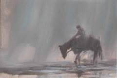 Reiter im Regen, Öl/Lw, 2021, 18,5 × 27 cm